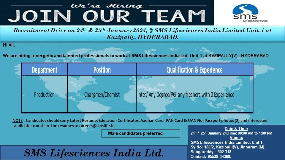 SMS Lifesciences - Walk-In for FRESHERS on 24th & 25th Jan 2024